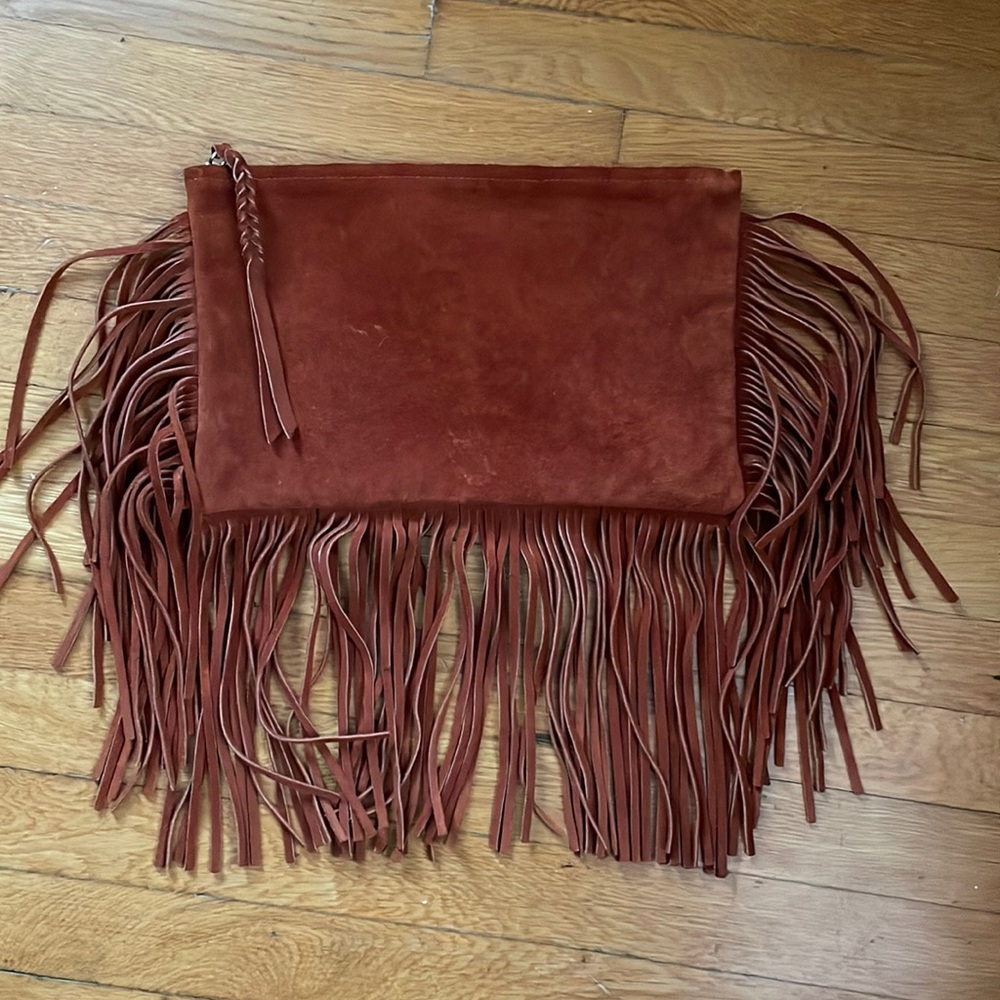Jennifer Haley leather suede clutch rust